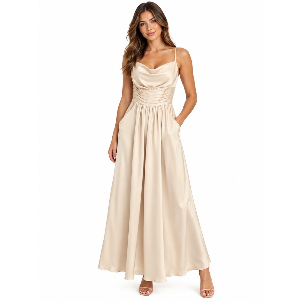 Bill Levkoff Dress Womens 2 White Satin Sweetheart Maxi Pockets Bridesmaid